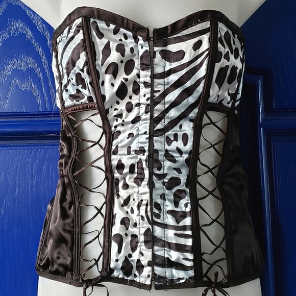 Y2K Vintage Blue Black Satin Strappy Spotted Animal Print Coset - Picture 5 of 17